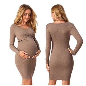 ชุดคลุมท้องผู้หญิงแบบสบายๆ ถักนิตติ้ง ผูกโบว์ด้านข้าง ทรงเข้ารูป ชุดเดรสคลุมท้องสำหรับกลางคืน - Product Image 1