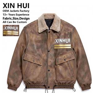 Vintage Distressed PU Leather <b>Long</b> Winter Flight Bomber <b>Jacket</b> <b>Men</b> Streetwear Sherpa Fleece Collar Padded Custom Logo - Product Image 1