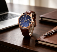 Montre-bracelet de luxe pour hommes d'affaires, fonction chronographe, boîtier en or rose, cadran bleu, bracelet en cuir marron, montre habillée pour homme pour un usage quotidien