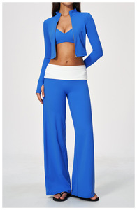 Conjunto Deportivo de 2 Piezas para Mujer, Top Corto sin Mangas de Poliéster Azul a Rayas, Pantalones Acampanados de Cintura Alta, Transpirable - Product Image 6