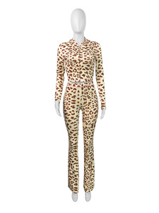 Spring Women <strong>Leopard</strong> Printed Hoodie and Flare Long Pants Lady Casual 2 Piece Pant Set - Product Image 1
