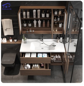 Mueble de baño inteligente de lujo en color marrón con vitrina de vidrio, encimera negra y gabinete de pared. - Product Image 2