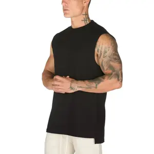 Grosir musim panas kustom cetak logo kebugaran gym sporty pria tanpa lengan T Shirt Atasan 100% katun O-neck tank top untuk pria