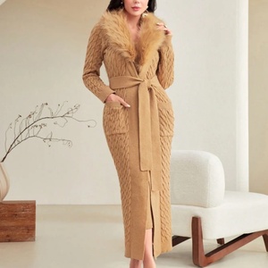 Tùy Chỉnh Mùa Đông Màu Rắn Mỏng Đan Ăn Mặc Hai Mảnh Thiết Lập Sang Trọng Cổ Áo Mờ Vành Đai Dài Cardigan 2 Mảnh Phù Hợp Với Phụ Nữ Dệt Kim Áo Len - Product Image 5