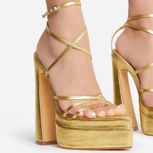 Sandales d'été pour femmes à bout ouvert et pointu, avec brides croisées à la cheville dorées, plateforme tendance et talons carrés très hauts - Product Image 2