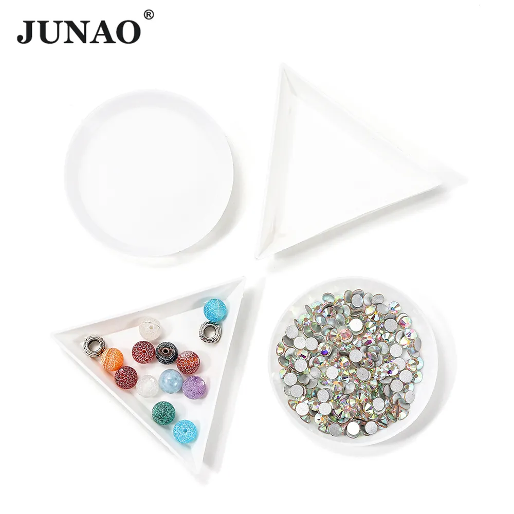 JUNAO 도매 6cm 라운드 화이트 트레이 플라스틱 보석 상자 크리스탈 네일 스티커 도구 라인 석 트레이 네일 아트