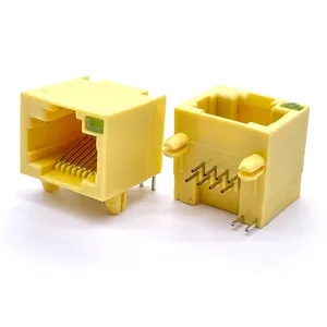 Soulin PBT Conector de plástico amarelo Rj45 fêmea macho PCB Rj-45 conector 8p8c conector de tomada reta Ethernet Rj45 conector com LED