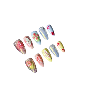 Lot de 10 faux ongles de luxe faits main, en amande, avec fleurs 3D, perles acryliques, personnalisables, à presser, couvrance totale, tendance - Product Image 1