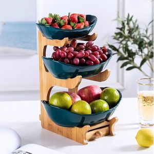 Corbeille à fruits en bambou à 3 niveaux avec bol à fruits en céramique pour fruits, pain, légumes, collations - Product Image 1