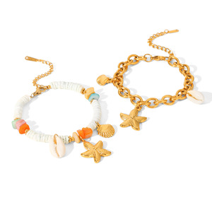 MW 새로운 해변 우정 Surfer18k 골드 스테인레스 스틸 팔찌 세트 불가사리 거북 매력 폴리머 클레이 비즈 팔찌 소녀를위한 - Product Image 5