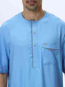 <b>Men's</b> Light Blue Cotton <b>Thobe</b> Short Sleeve Floor Length Casual Loose Fit Round Neck Embroidered Pocket Daily Wear Middle East - Product Image 4