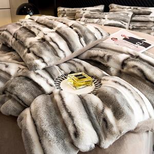 Sang Trọng Bán Buôn Mềm Ấm Faux Thỏ Lông Nhung Sọc 4 Pcs Duvet Bìa Bộ Đồ Giường Bộ - Product Image 3