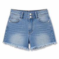 Shorts en jean taille haute pour femme, délavé moyen, à double boutonnage, effet sculptant la taille, ourlet effiloché, style décontracté, été, plage, streetwear
