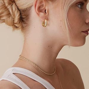 Women's Trendy <strong>14K</strong> <strong>Gold</strong> Plated Hoop <strong>Earrings</strong> Small Chunky Post Design Thick Lightweight <strong>Gold</strong> Hoops - Product Image 4