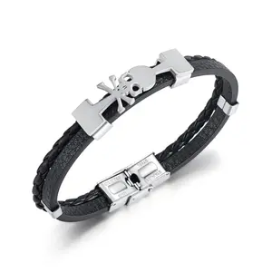 Bracciale in pelle nera Punk semplice da uomo braccialetti gotici in acciaio inossidabile braccialetti bracciale rigido in acciaio al titanio braccialetto unico