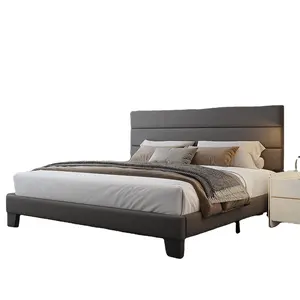 新产品大双人床，带亚麻织物垫床头板实木木条