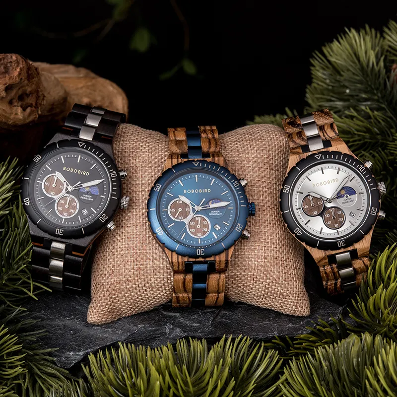 BOBO BIRD Wooden Custom Men's Watch Fashion Wooden and Stainless Steel Alloy Quartz Casual Steel Watch Original Supplier
