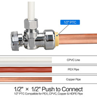 Robinet d'arrêt d'angle à compression, entrée PTC 1/2\", sortie OD 3/8\", connexion rapide, 1/4 de tour, laiton chromé pour robinet/toilette