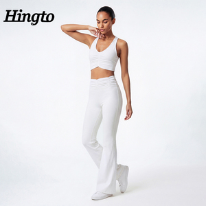 Ensemble <span class=keywords><strong>de</strong></span> yoga avec coutures apparentes, logo personnalisé, leggings évasés, tenue d'entraînement 2 pièces, soutien-gorge <span class=keywords><strong>de</strong></span> <span class=keywords><strong>sport</strong></span> à col en V, ensembles assortis pour la gym - Product Image 1