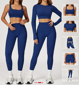 Traje atlético para <span class=keywords><strong>mujer</strong></span>, Sujetador deportivo ajustado de manga larga, ropa deportiva para gimnasio, pantalones cortos de cintura alta, mallas para <span class=keywords><strong>mujer</strong></span>, conjunto de Yoga para gimnasio - Product Image 1