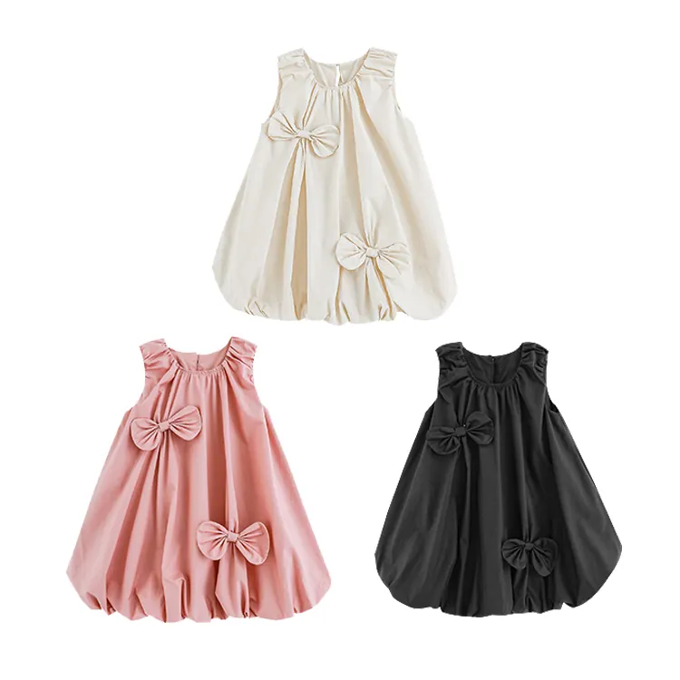 YOEHYAUL X4522 Boutique estate bambini abiti in cotone per le ragazze con fiocchi 3D bianco nero senza maniche dolce principessa vestito da bambino per bambini