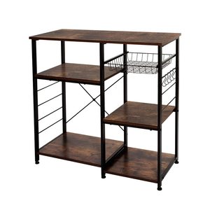 Industrial Kitchen Rack, Coffee Bar, Microwave Stand Metal Frame, Wire Basket 5 Hooks Mini Oven, Spices Utensils