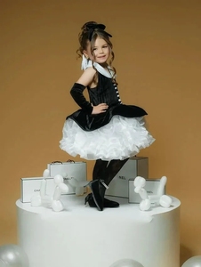 Abiti da Damigella Personalizzati <span class=keywords><strong>Bianco</strong></span> e Nero per Matrimonio, Scollo a V, Vaporosi, Lunghezza al Ginocchio, Eleganti Vestiti per Prima Comunione e Cerimonie - Product Image 2