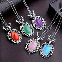 Colgante de alce de piedra de Aventurina Natural, cristal curativo, amatista, cabujón ovalado, cuenta Vintage, ciervo Sika, collar con colgante de cuerda negra