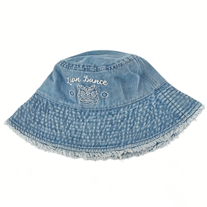 Sombrero de Pescador de Mezclilla con Logotipo Personalizado, Estilo Vintage, Lavado, Azul, Bordado con Danza del León, Protección Solar, Ala Ancha, 100% Algodón - Product Image 4