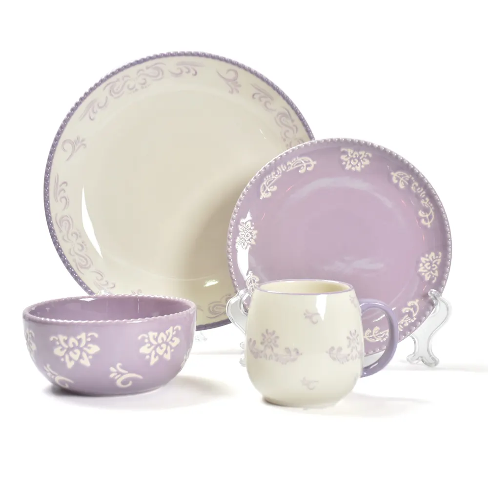 Vente en gros 18 pièces ensemble de vaisselle violet service de dîner peut être personnalisé vaisselle en céramique