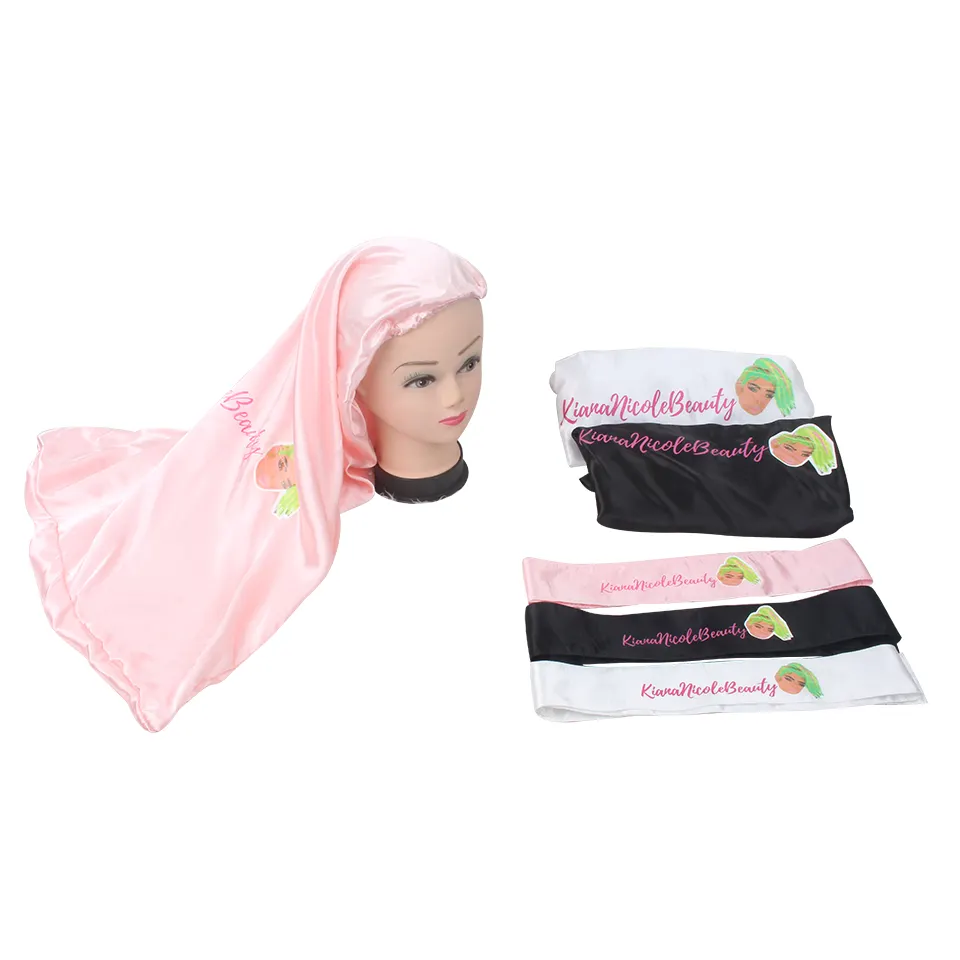 Customized Sleep Protect Wrap Bonnet Long Bonnet Headband And Satin Bag Sets Designer Wig Wrap Production