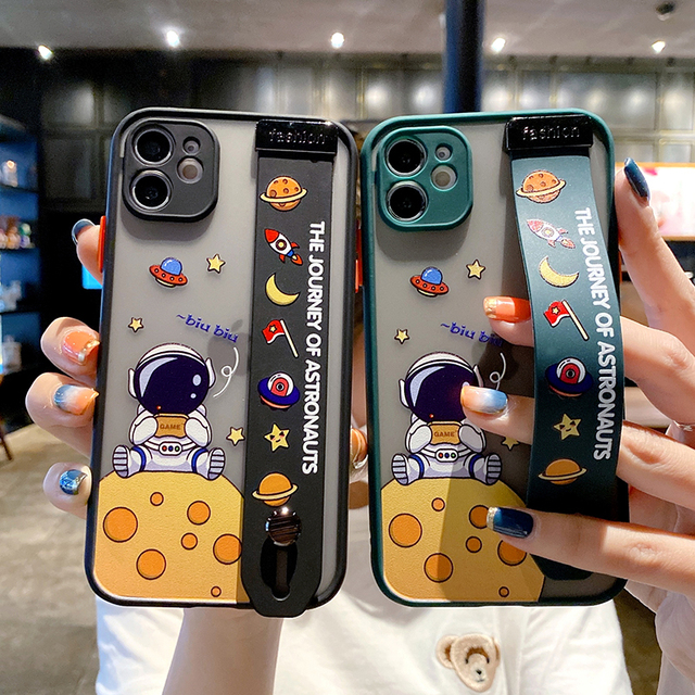 Cute Cartoon Space Astronaut Wrist Band Bracket Phone Case Matte Hard Back Cover for iPhone 12 11 Pro Max XR XS X 6 6s 7 8 Plus