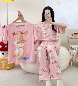 Kadın 3 In1 pijama 2 kısa kollu üst t-shirt 1 pantolon 3 adet Set pijama kore yumuşak ev kıyafeti karikatürler Baju Tidur - Product Image 2