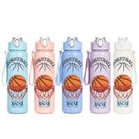 Bouteille d'eau sportive pliable 750 ml avec paille, motif basketball, en plastique PC, sûre, réutilisable et anti-fuite pour la rentrée scolaire