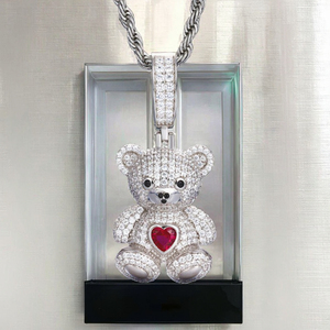 Fashion TUHE Moissanite Cute Love Heart Bear Pendant White Gold 925 Sterling Silver Iced Animal Hiphop Jewelry for <b>Men</b> Women - Product Image 3