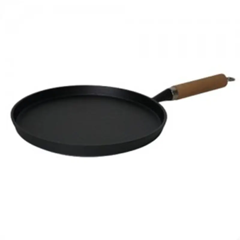 High Quality Kitchen Durable Black Round Cast Iron Cookware Pancake Crepe Pan With Wooden Handle