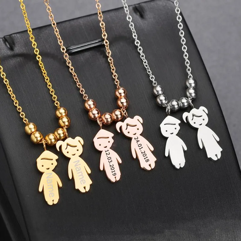 Personalized 18K Gold Plated Engraved Name Family Jewelry Boy Girl Kids Pendant Women Child Beads Stainless Steel Necklace