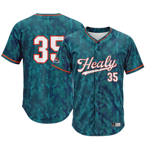 Maillot de baseball personnalisé pour homme, sublimation camouflage bleu, logo Healy brodé, numéro, boutons, manches courtes, uniforme sportif d'équipe - Product Image 1