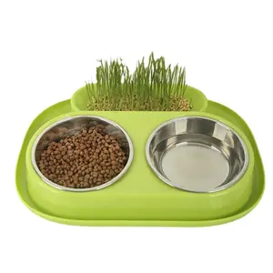 批发新设计宠物供应商3合1塑料/不锈钢猫食水碗喂食器，带宠物草种植槽