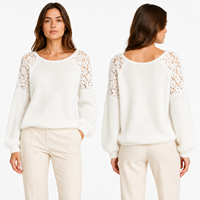 Pull en laine 100 % sans couture OEM pour femme, avec épaules en dentelle, manches lanternes ajourées, 4 couleurs