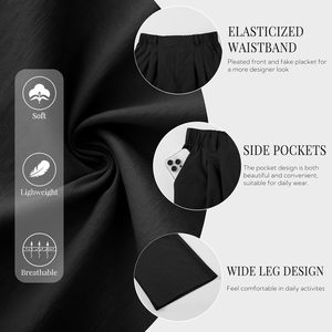 Womens Casual High Waisted <b>Wide</b> <b>Leg</b> Pants <b>Linen</b> Feel Palazzo <b>Trousers</b> With Pockets <b>Black</b> Breathable Fabric Crepe - Product Image 5