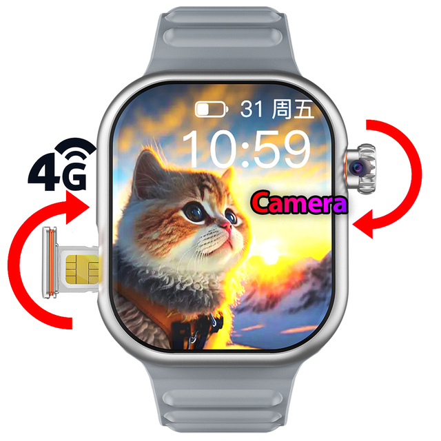 6+64G 2.02 Inch HD 980mAh Large Battery 2 Straps GPS Wifi Rotation Camera Video SOS 4G 5G Sim Card Whatsapp Yotube Smartwatch