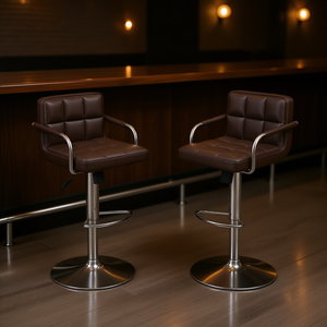 Brown Bar <b>Stools</b> Set Of 2 <b>Adjustable</b> <b>Height</b> Round Metal Base PU Leather Contemporary Modern Bar Furniture - Product Image 2