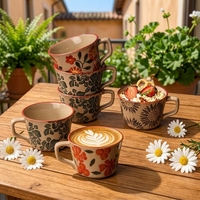Mug en céramique vintage à motif floral, imprimé feuilles et fleurs rouges nordiques, à large ouverture, pour thé, latte, café, avec logo personnalisé