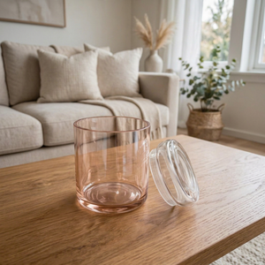 Pot à bougie en verre rose avec couvercle, récipient cylindrique rond vide, recyclable pour la décoration de la maison, étiquettes personnalisées - Product Image 1