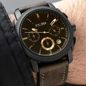 Montre chronographe à quartz en acier inoxydable de haute qualité pour hommes avec bracelet en cuir véritable et montre étanche - Product Image 1