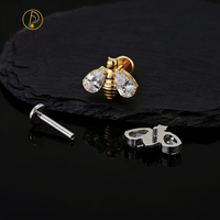 Cincin Labret Titanium Ulir Dalam Model Bee Double Drop CZ Wings, Anting Stud Flat Back untuk Tulang Rawan, Conch, Helix, Piercing Bibir