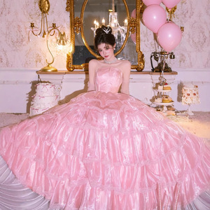 Strapless Pink Satin Ball <b>Gown</b> Dress Empire Waistline Vintage Style For <b>Birthday</b> Party <b>Photoshoots</b> - Product Image 3
