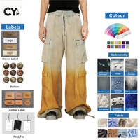 Jeans cargo dégradé ombré OEM ODM en gros à faible MOQ, avec ourlets effilochés, jaune coucher de soleil, pantalon en denim à cordon de serrage