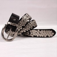 Ceinture à rivets Hip-hop pour hommes et femmes, large boucle en cuir de vache ajouré, face, alliage,
